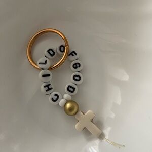 Gold and White Beaded Keychain with Cross
